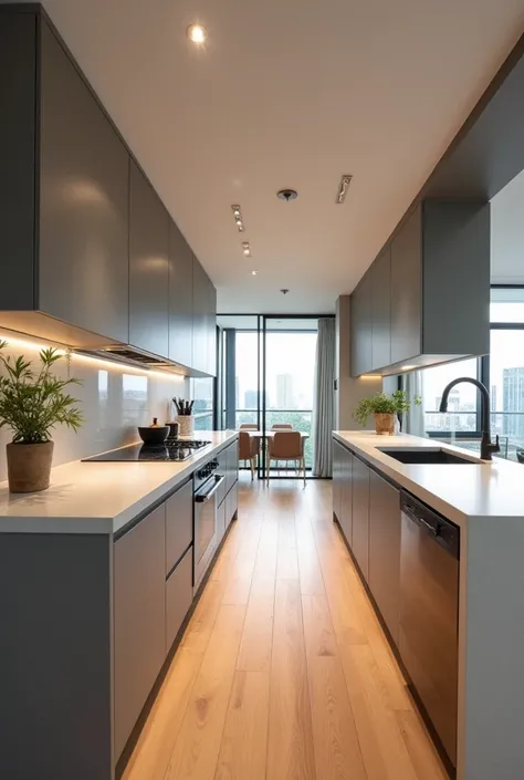 Could you provide me with images of a modern kitchen from different angles?, with wooden floor, with only the gray countertop table, only two tables in parallel, the central table coming out from a wall, double-basin sink in the central table, Light grey m...