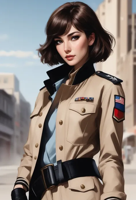 Realistic woman, short Brown hair, Brown eyes, Black choker, long Black gloves, Beige military jacket, beige military pants, (BLUE whip), Black military belt, half body