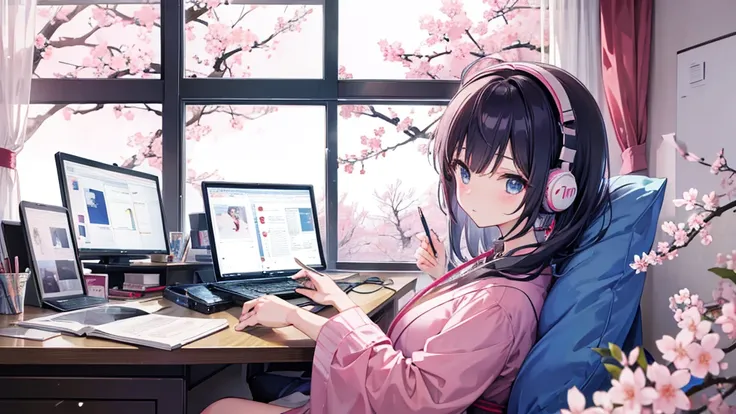 In Japanese anime style、studying while listening to music through her headphones、Lighting is warm、Outside the large window, cherry blossoms are blooming wildly.