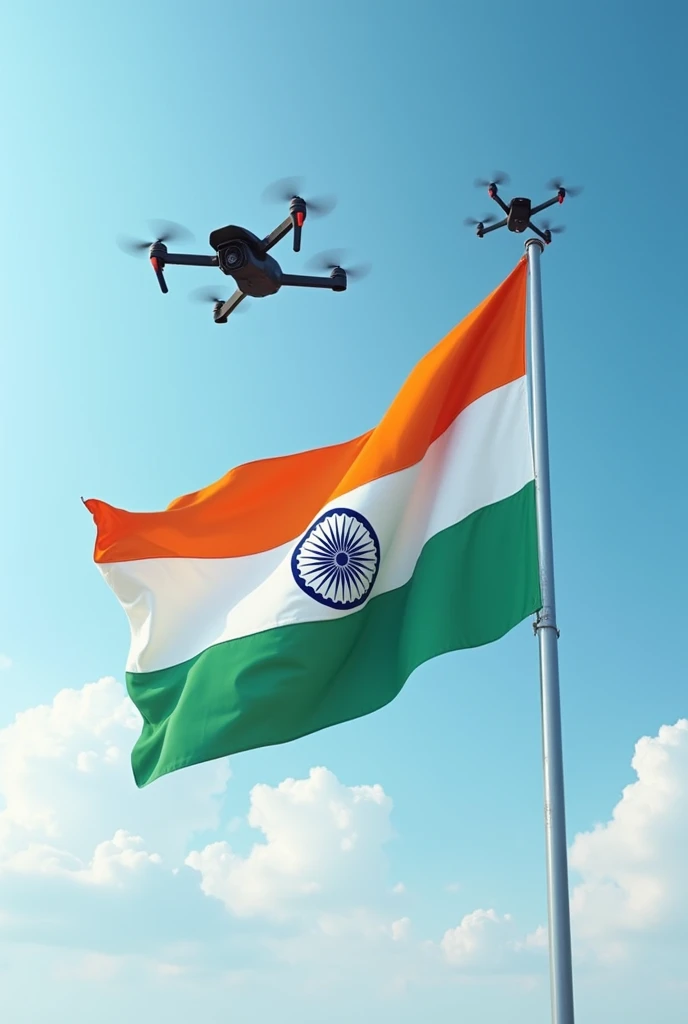 Create a image in which Indian flag is in sky hold by two drones no bar of flag upper two corners are holding by drones