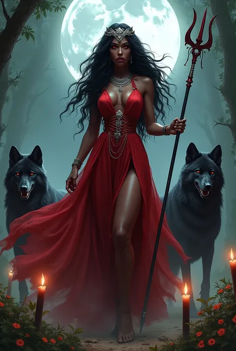 black skinned woman, long black curly hair, full moon light, forest or swamp, cloths covering breasts, knife or dagger in leg, Trident in hand, silver crown, half up hair, barefoot, many black wolves in the background,  veil covers face, Red eyes, red and ...