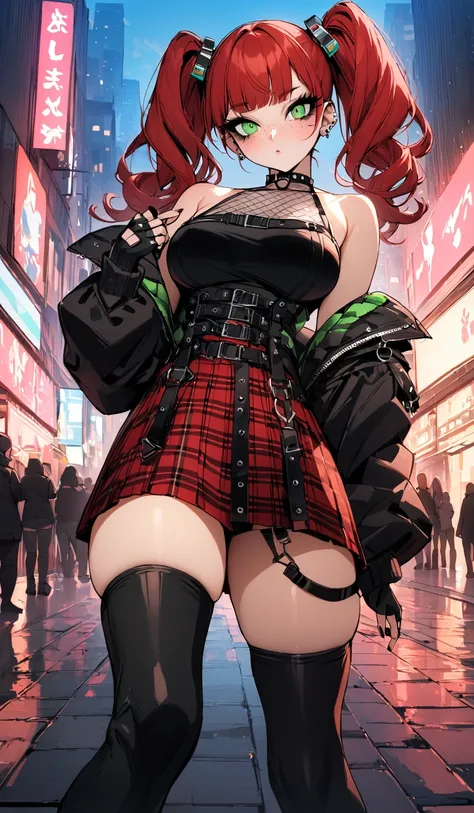 woman, curly red hair in pig tails, green eyes, black eyeshadow, long black jacket, red plaid skirt, black knee high boots, black fingerless gloves, exposed shoulders, large breasts, freckles, looking at viewer, masterpiece, best quality, Holo-Punk Style, ...