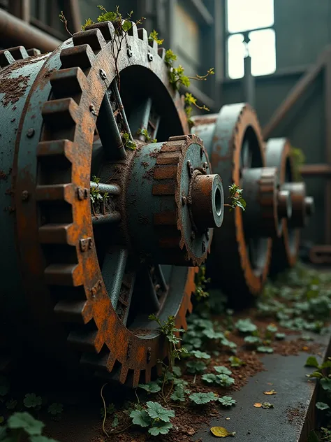 A detailed view of abandoned industrial machinery being reclaimed by nature. Flaking rust patterns, vines weaving through gears, peeling paint, textures of metal and decay, shafts of light highlighting textures, extreme close-up, gritty, atmospheric light.