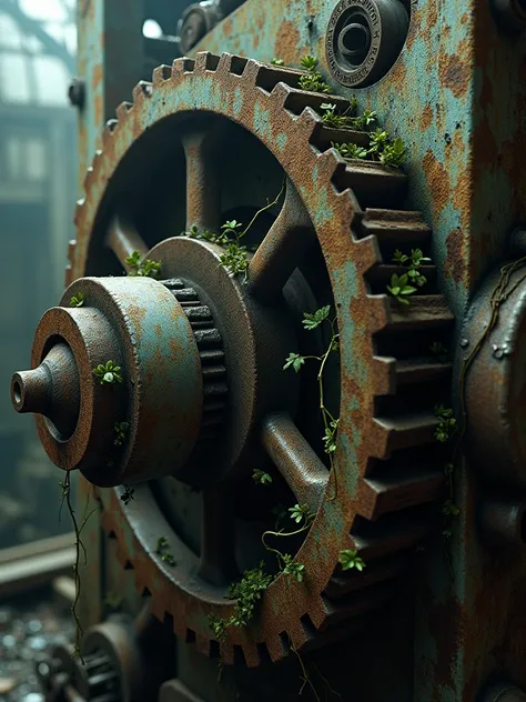 A detailed view of abandoned industrial machinery being reclaimed by nature. Flaking rust patterns, vines weaving through gears, peeling paint, textures of metal and decay, shafts of light highlighting textures, extreme close-up, gritty, atmospheric light.