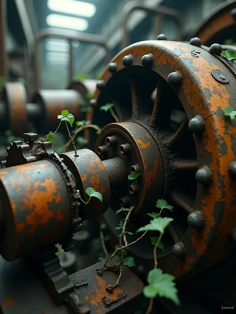 A detailed view of abandoned industrial machinery being reclaimed by nature. Flaking rust patterns, vines weaving through gears, peeling paint, textures of metal and decay, shafts of light highlighting textures, extreme close-up, gritty, atmospheric light.