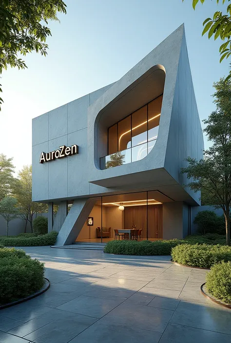 A high resolution 3D image of a building where the name AuroZen is on the outside of the building