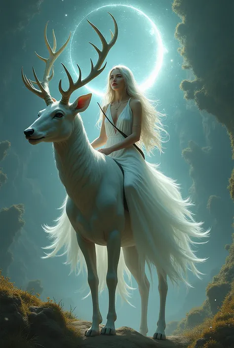 Spirit version of the goddess Artemis with bow and arrow on her back riding a deer alien version