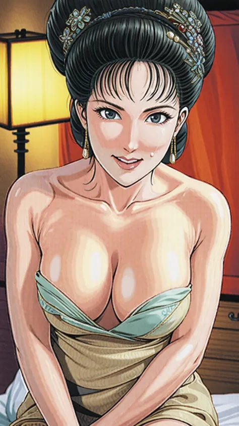 (best quality), (very aesthetic), (ultra-detailed), (best illustration),(a mature female),(perfect face),Suikoden,Mrs. Lin,(((NSFW))),(((full_NUDE))),screaming,open her mouth,red cheek,sweating,skinny,flushed skin,night、A woman lying in bed next to me in a...