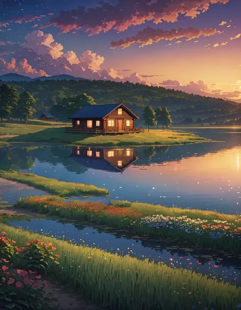 a painting of a cabin in a field,     meadow   hill        lake       vast serene sky   twilight       illumination!!!!     anime art wallpaper 4k,    Highly detailed 4k digital art