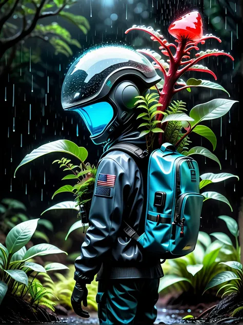 An alien carrying a backpack（Glass sealed backpack：1.3），Simple look，Wearing a smart helmet，Be inspired（Bioluminescent Red Fiberglass Tree：1.6）filled with living plants，High contrast，Dark background，Wet and rainy，epic，Moody，