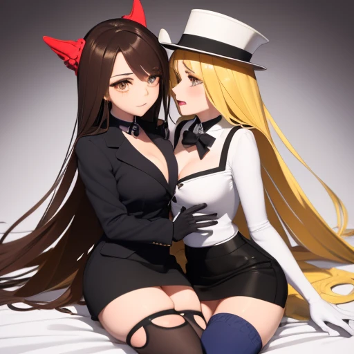 ((having hot lesbian sex in the bedroom. They are kissing, fondling, licking and with so much passion, these brunettes are so damn hot.)),(masterpiece, best quality:1.4), absurdres, highres, ultra detailed, beautiful, (secretary), (perfect face, detailed f...