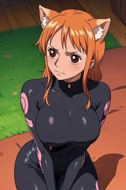 big chest, chest, whole body,thighs,light blush, bodysuits,black,cat ear,looking at the camera, making eye contact, light blush,...