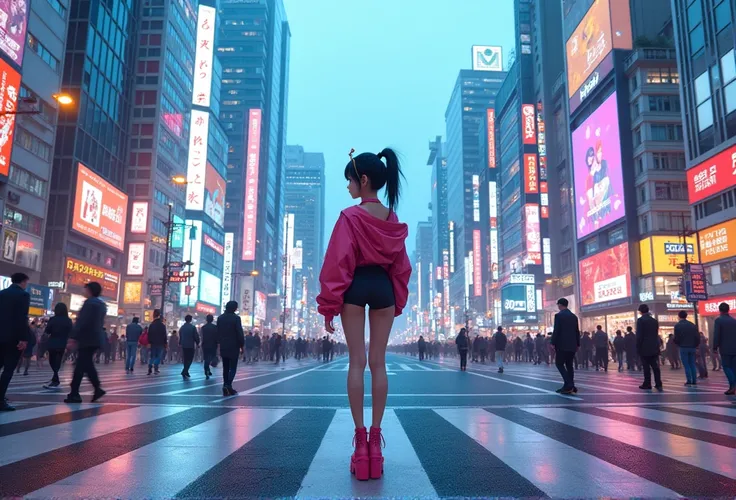 a young cyber fashion girl is standing on The real Shibuya crossing in japan, back view of whole body, Subject is in the center on the load, super zoom out shot, cyber cute fashion like a animation, chromatic aberration, wide angle shot, wide angle lens, h...