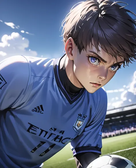 a nagi seishiro, detailed portrait of a young boy controlling a soccer ball, wearing the manchester city football club uniform, ...