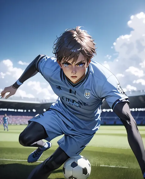 a nagi seishiro, detailed portrait of a young boy controlling a soccer ball, wearing the manchester city football club uniform, ...