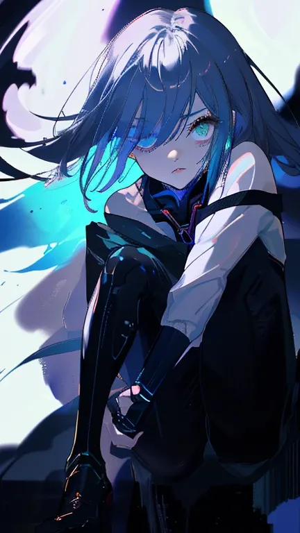 High resolution、sharp lines、Girl、Beautiful face、Well-formed face、slender、Futuristic black sword、Heavy equipment、Black combat uniform、Bondage、fine hair、Hiding one eye with hair、Sharp Eye、Jewel-like eyes、Dark Background、Mystical Light、Fantasyな色彩、Near future、...