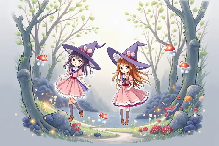 two little witches lost in a forest, beautiful, pretty, anime style