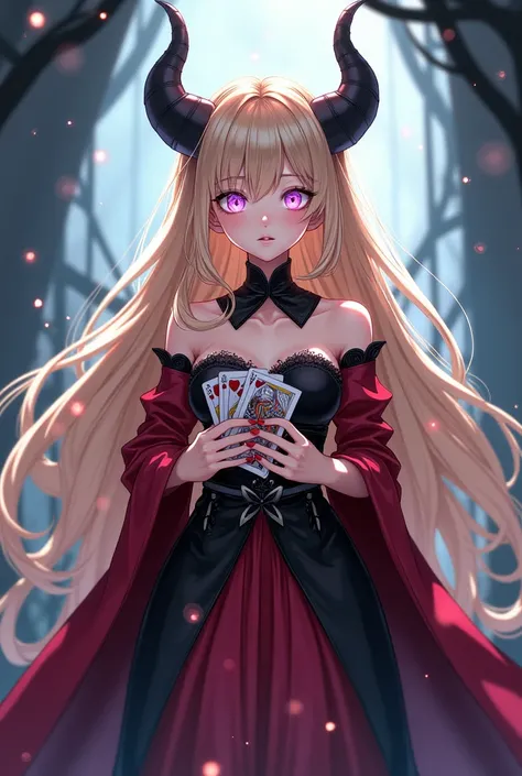 creates a lefou sorceress, blonde hair, light pink left eye, light blue right eye, sleepy facial expression, red and black dress, holds cards in her hands.
Anime style.