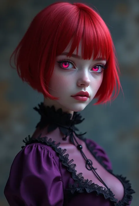 19-year-old girl with pale white skin, bright blood red short hair, With Nordic features
, pink eyes, cold and indifferent And boring, look, wearing a purple gothic short dress