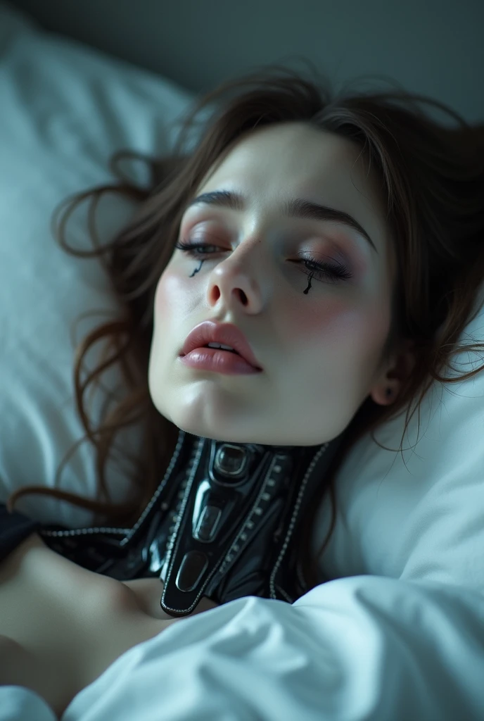 A sexy robot in bed. Sad expression.  Lifelike human female android. Crying black tears