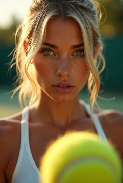 A captivating close-up portrait of a tennis player, with the emphasis on her expressive face and intense gaze. Her blonde hair is styled in a sleek, modern way. She wears a stylish, low-cut sports top and her eyes are locked on the tennis ball. The warm, g...