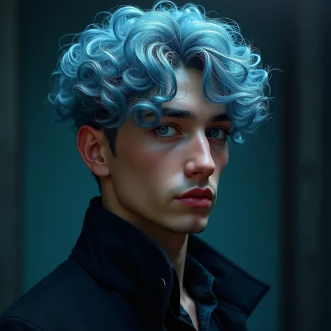 a man with very curly silver-blue hair,focus in hair,  beautiful eyes, detailed nose and lips, portrait, fine art oil painting, hyperrealistic, 8k, high resolution, intricate details, dramatic lighting, chiaroscuro, moody, cinematic