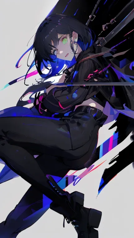 high resolution、High resolution、sharp lines、Girl、Futuristic black sword、Black clothes、Bondage、fine hair、Hiding one eye with hair、Sharp Eye、Jewel-like eyes、Black Background、Fantastic colors、Near future、Facing forward、Small face、Small breasts、Attractive lips...