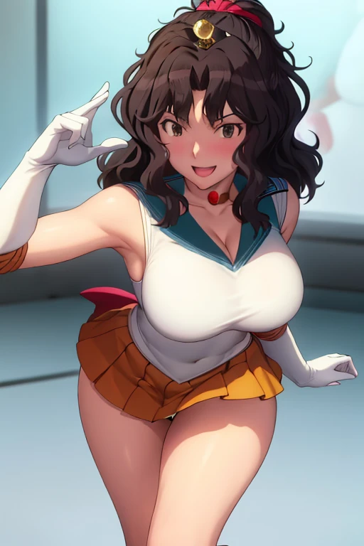 masterpiece, high definition, best quality, rendered art, well formed hands, fingers and body, 1 woman, solo, Kaoru Tanamachi, 31 years old, adult, grown up, wearing Sailor Moons outfit, large and big breasted, cleavage, full body, sexy sailor senshi unifo...