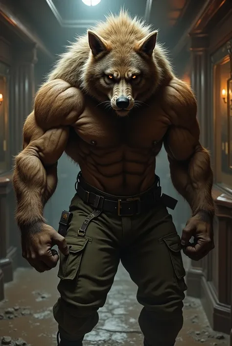 A very strong, imposing werewolf with a strong gaze and muscles wearing military pants in a private club, a little angry, with brown fur, serious