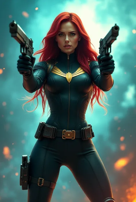 In this captivating image, the central female character (Scarlett Johansson, beautiful face) exudes confidence and authority, her long straight red hair a vibrant contrast to the sleek black suit with gold accents, complete with gloves and boots that evoke...