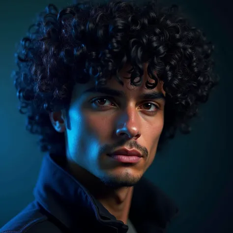 a man with curly (black hair with blue highlights), intricate hairstyle, detailed facial features, striking expression, cinematic lighting, dramatic shadows, vibrant colors, digital art, photorealistic, 8k, highly detailed, masterpiece