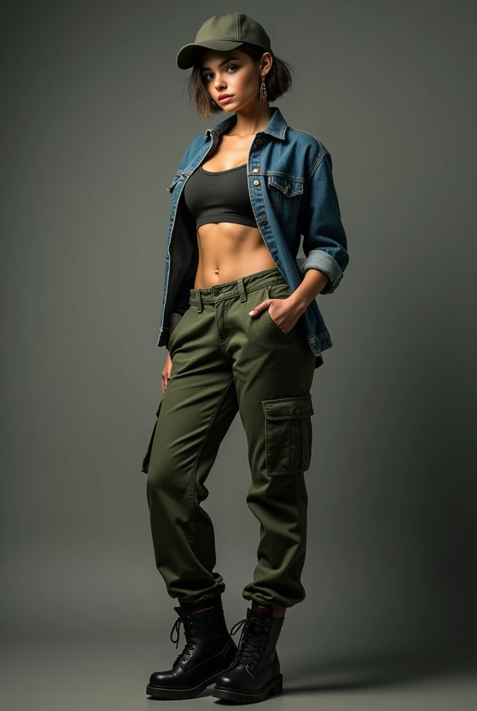 ((masterpiece, Best Quality)),(sophisticated lighting) ,One,(((1 girl))),Clementine, clear skin,mujer de clear skin, baseball cap, green cargo pants, Brown eyes, Skinny jeans, combat boots, shirt, short hair, a short ponytail, open denim jacket, huge ass, ...