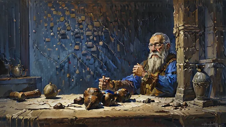 oil painting, dark room with stone bricks walls, medival fantasy interior, 1man, old man, sorcerer, dark blue clothes, gray bear...