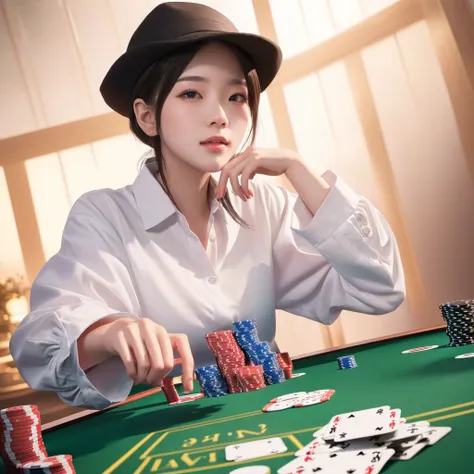 there is a woman that is playing a game of poker, card game illustration, playing poker, ross tran 8 k, 3d render senior artist,...