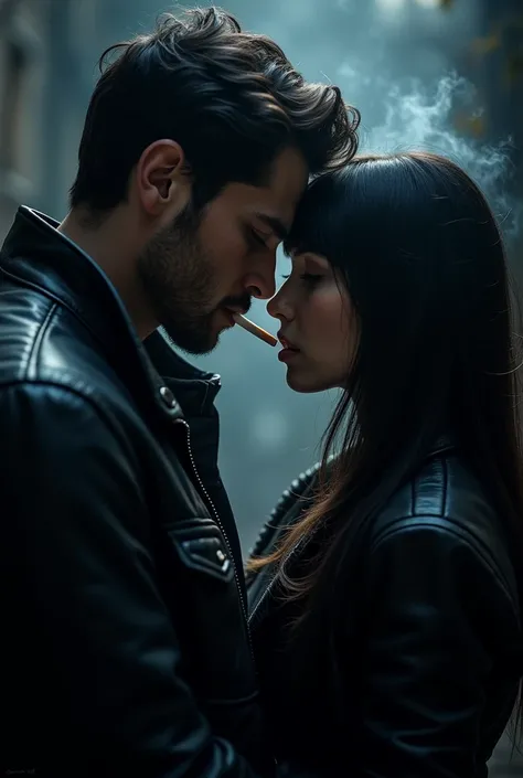 Dark romance fanfic cover featuring characters smoking, the woman with bangs and straight hair, the man with a leather jacket. 