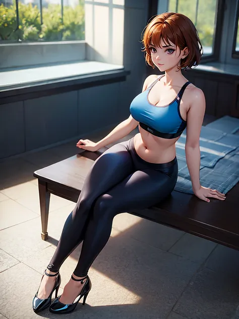 merula, pose sexy, high heels, sexy sports bra, blue adidas yoga pants, whole body, thighs, sitting pose, solo girl