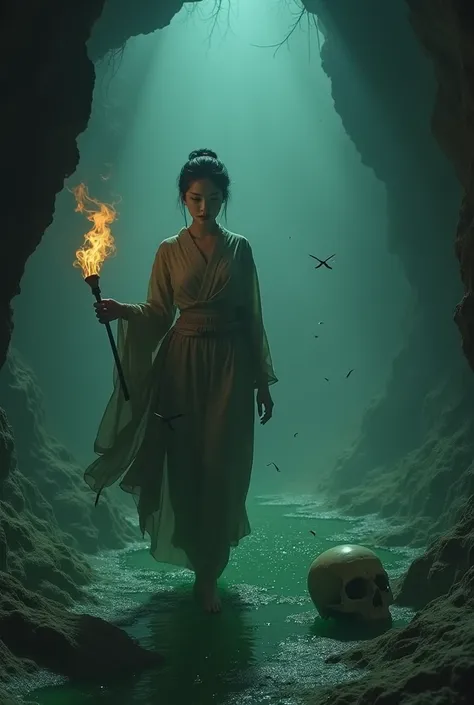 (RAW photo, realistic photo, high quality, masterpiece), Japanese beautiful woman is holding a torch and walking in the cave, in Mysterious Fog, dangerous, skull on the ground, green corrosive fluids on ground and body, clothes is corroded, green corrosive...