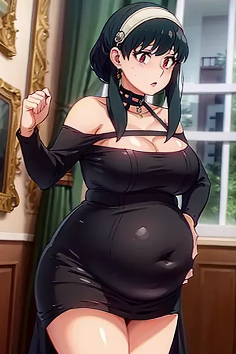 anime pregnant woman in black dress with a surprised look on her face, she has a jiggly fat round belly, her belly is fat and round, thicc, yor 