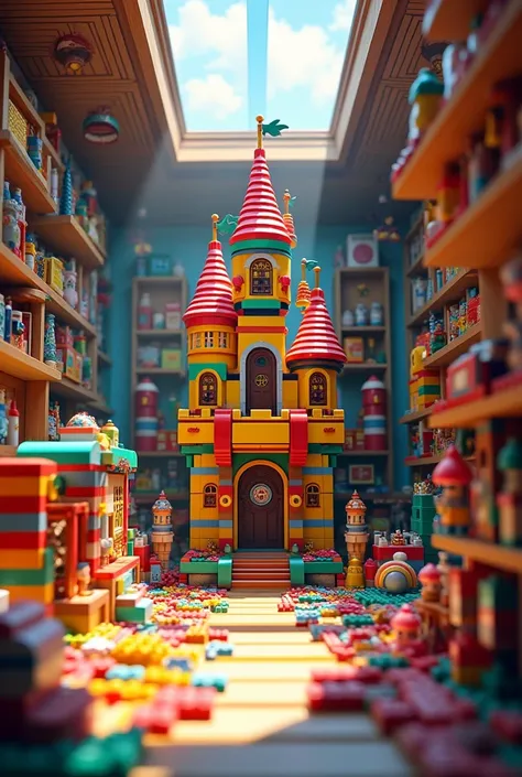 The interior of Max’s playroom, filled with colorful LEGO bricks and toys, with Max and Lily’s castle as the centerpiece of the room.