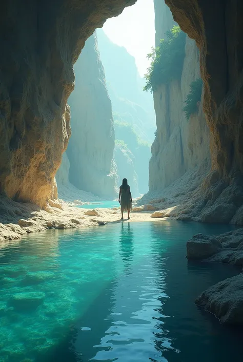 Highest resolution, someone at the cave in the river with abandoned colossal buildings, clear blue water, sand, rock.