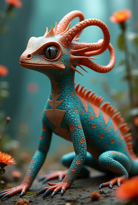 Create a chameleon alebrije combined with an axolotl and octopus head
