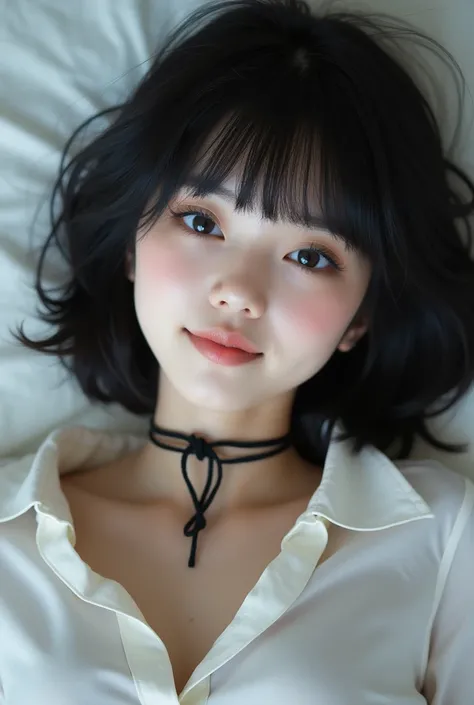 figure laying down with open legs girl is beautiful japanese female and beautiful russian female mixed race only in the face age is 15 features of the whole body black hair medium straight bob cut hair style beautiful small face with short eyelashes boyish...