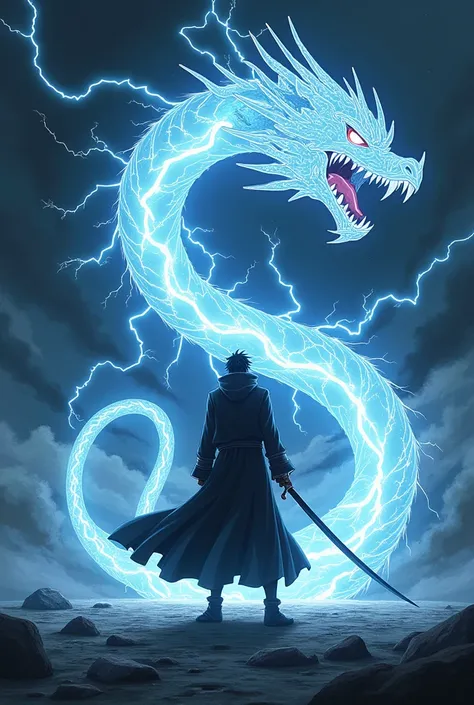 could you create a Bleach-style swordsman with his sword releasing lightning that forms a Chinese dragon body around him??? The dragon is composed entirely of lightning, its body has no texture and all its lines are lightning, the swordsman is a human whos...