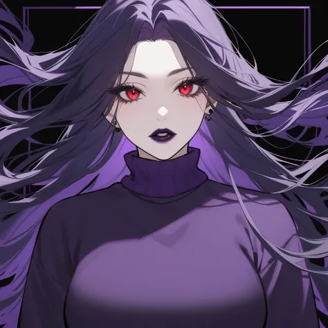 Kyoko has long, flowing black, often messy purple hair. Her piercing red eyes are framed by thick lashes, she have dark, bold lipstick that highlights her full lips. Kyoko wear black and purple pullover that is always too big for Her and black short.