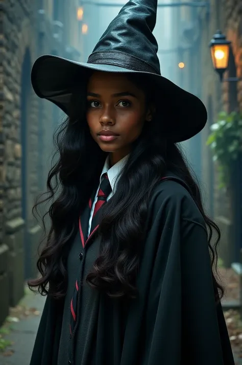 Young woman with brown skin and long black hair dressed as Harry Potter 