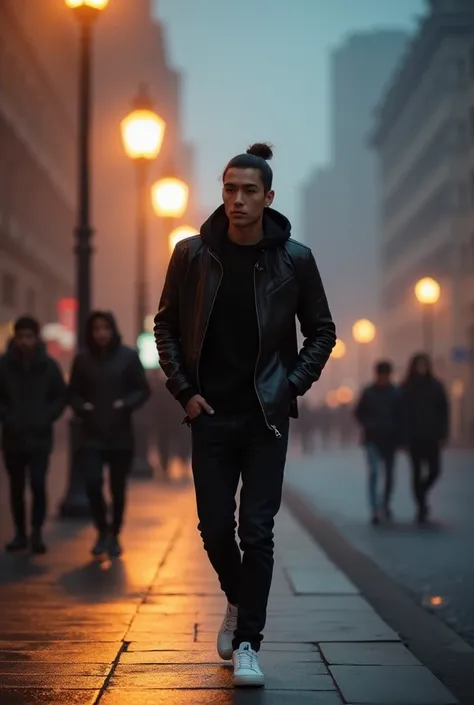 Young skinny asian man with pulled back hair, wearing black tshirt, leather jacket with hoodie, black jeans and white sneakers. Walking on sidewalk, dramatical street lamp light, with misterious misty cityscape, other Pedestrian is walk by at the distance....