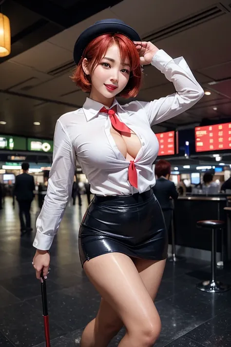 Highest quality，Ultra HD，(((whole body,With legs)))、(((Japanese flight attendant uniform 1.6))), (((Red striped tie, Tight Skirt，best-dressed uniform、Tekast, white formal short gloves,(黒のHigh heels), ((holding a mini microphone)),Japanese CA，A small smile,...