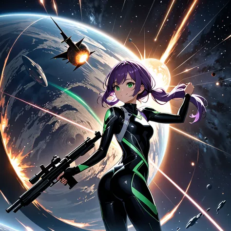 mech, a glass texture, girl, smiling, lonely, looking at viewer, low twintails, purple hair, green eyes, slim, lanky, beautiful ass, athletic, mask, shooting a gun in front of her, Scene of Tension, Revelation Scene, with a sun, with a planet, with a comet...