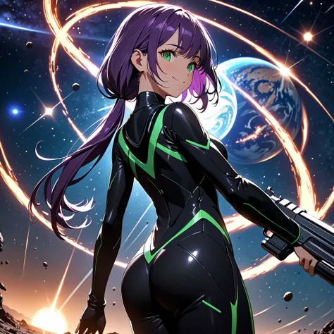 mech, a glass texture, girl, smiling, lonely, looking at viewer, low twintails, purple hair, green eyes, slim, lanky, beautiful ass, athletic, mask, shooting a gun in front of her, Scene of Tension, Revelation Scene, with a sun, with a planet, with a comet...