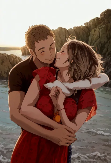 ghibli style, a man and woman hugging each other on a beach, smiling couple, man and woman in love, couple pose, happy couple, lovely couple, by Anna Haifisch, profile pic, by Karl Völker, smiling at each other, by Emma Andijewska, man and woman, romantic ...